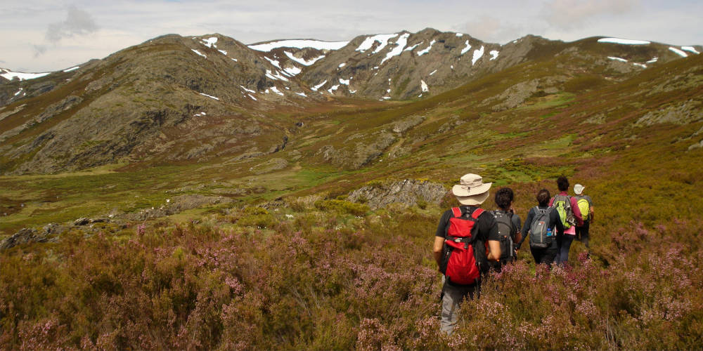 Un grupo de senderistas camina para hacer cumbre en Pena Trevinca, el pico más alto de Galicia