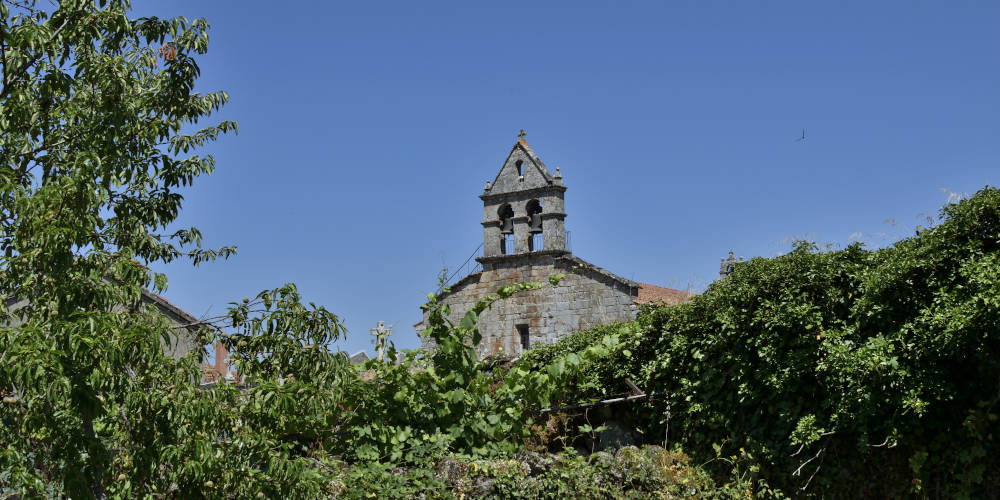 La espadaña de la iglesia de San Munio da Veiga (A Bola, Ourense) se yergue sobre la vegetación que rodea el pueblo